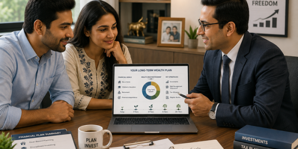 Indian couple meeting with a financial planner to discuss long-term wealth creation, reviewing financial goals, investments, insurance, tax planning, retirement planning, and family financial security.