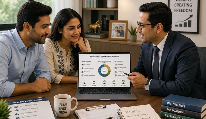 Indian couple meeting with a financial planner to discuss long-term wealth creation, reviewing financial goals, investments, insurance, tax planning, retirement planning, and family financial security.