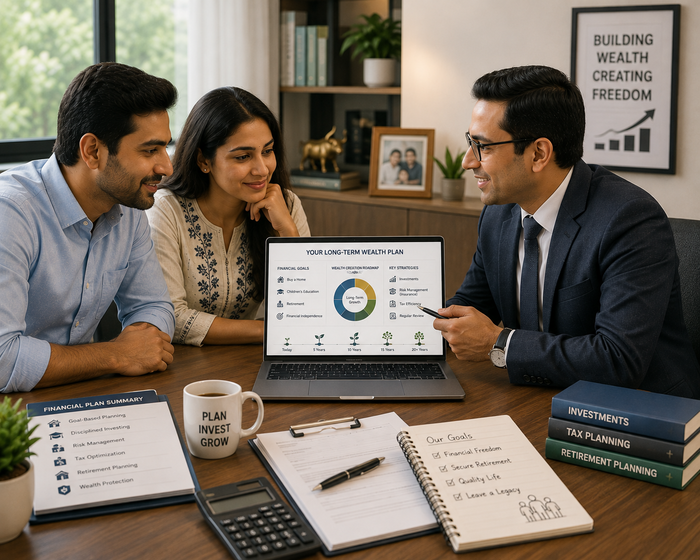 Indian couple meeting with a financial planner to discuss long-term wealth creation, reviewing financial goals, investments, insurance, tax planning, retirement planning, and family financial security.