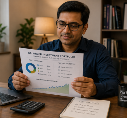 Indian investor reviewing a balanced investment portfolio at home, examining a diversified asset allocation report with a laptop, calculator, financial goals notebook, and investment charts
