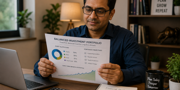 Indian investor reviewing a balanced investment portfolio at home, examining a diversified asset allocation report with a laptop, calculator, financial goals notebook, and investment charts