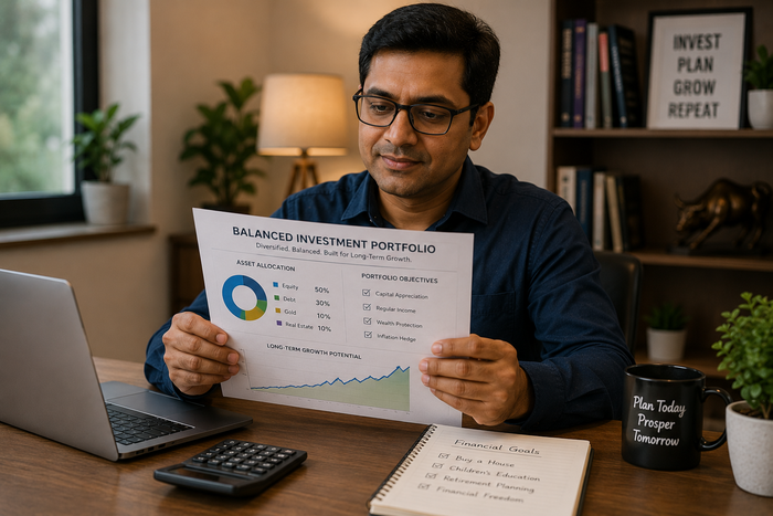Indian investor reviewing a balanced investment portfolio at home, examining a diversified asset allocation report with a laptop, calculator, financial goals notebook, and investment charts