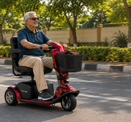 Traveler riding a red three-wheeled mobility scooter along a tree-lined suburban road on a sunny day, with a basket carrying a brown travel bag and landscaped greenery in the background