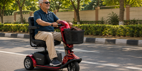 Traveler riding a red three-wheeled mobility scooter along a tree-lined suburban road on a sunny day, with a basket carrying a brown travel bag and landscaped greenery in the background