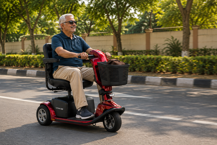 Traveler riding a red three-wheeled mobility scooter along a tree-lined suburban road on a sunny day, with a basket carrying a brown travel bag and landscaped greenery in the background