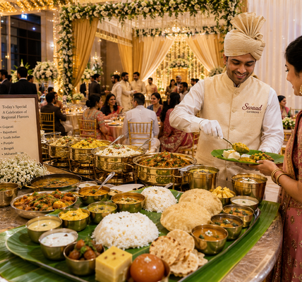 beautiful traditional Indian feast featuring authentic regional vegetarian dishes being served at a modern wedding or event