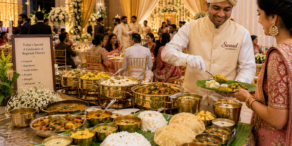 beautiful traditional Indian feast featuring authentic regional vegetarian dishes being served at a modern wedding or event
