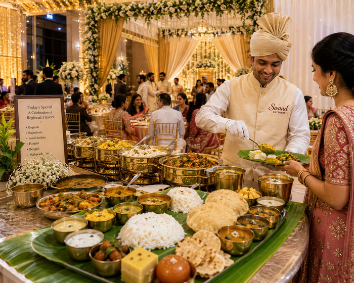 beautiful traditional Indian feast featuring authentic regional vegetarian dishes being served at a modern wedding or event