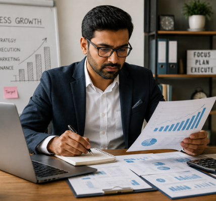 business owner analyzing financial growth