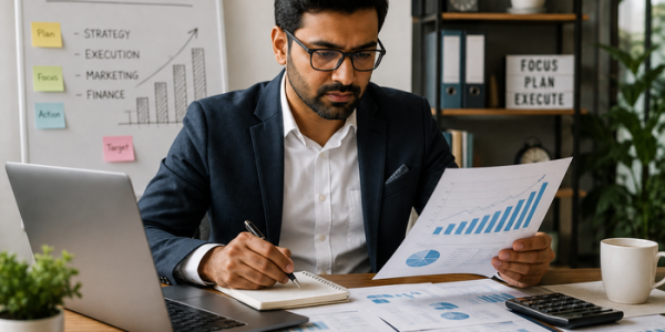 business owner analyzing financial growth
