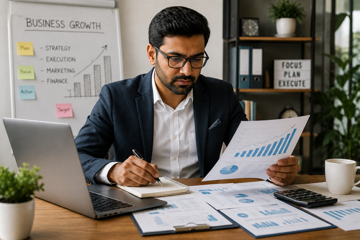 business owner analyzing financial growth