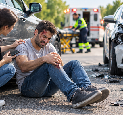 Injured person sitting beside a damaged car after a road accident, holding an injured knee while receiving support from another person, with an ambulance and emergency responders in the background.