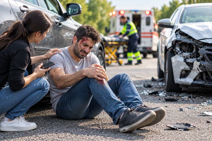 Injured person sitting beside a damaged car after a road accident, holding an injured knee while receiving support from another person, with an ambulance and emergency responders in the background.