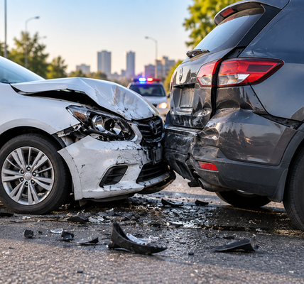 Realistic car accident scene showing two heavily damaged cars on an urban road, with scattered debris, a warning triangle, police vehicle, and ambulance in the background.