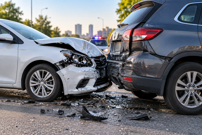 Realistic car accident scene showing two heavily damaged cars on an urban road, with scattered debris, a warning triangle, police vehicle, and ambulance in the background.