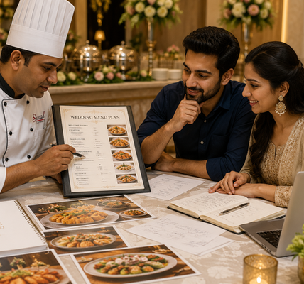 Indian couple discussing their wedding menu with a professional caterer, reviewing menu options, food photographs, and catering plans at a table in an elegantly decorated event setting