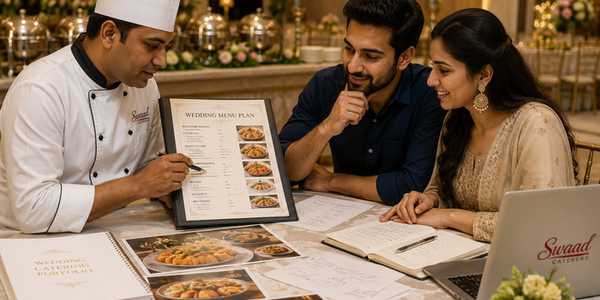 Indian couple discussing their wedding menu with a professional caterer, reviewing menu options, food photographs, and catering plans at a table in an elegantly decorated event setting