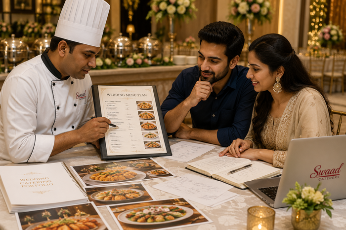 Indian couple discussing their wedding menu with a professional caterer, reviewing menu options, food photographs, and catering plans at a table in an elegantly decorated event setting