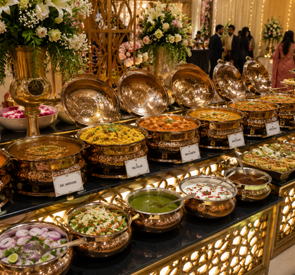 Lavish Indian vegetarian wedding buffet featuring paneer, dal, pulao, curries, salads, chutneys, snacks, desserts, and live food counters in an elegant banquet hall decorated with flowers and warm festive lighting.