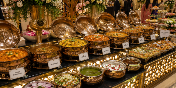 Lavish Indian vegetarian wedding buffet featuring paneer, dal, pulao, curries, salads, chutneys, snacks, desserts, and live food counters in an elegant banquet hall decorated with flowers and warm festive lighting.