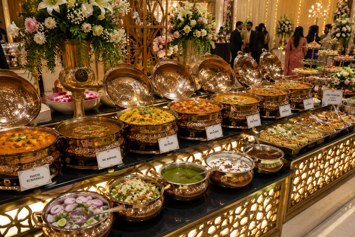 Lavish Indian vegetarian wedding buffet featuring paneer, dal, pulao, curries, salads, chutneys, snacks, desserts, and live food counters in an elegant banquet hall decorated with flowers and warm festive lighting.