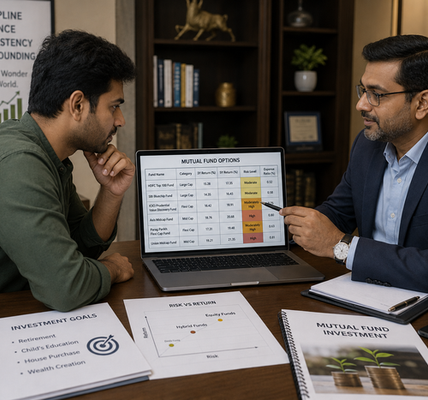 Indian investor reviewing multiple mutual fund options with a financial advisor