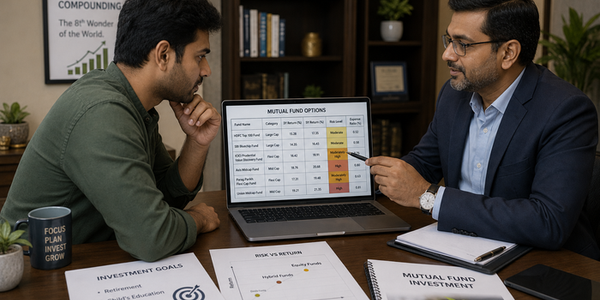 Indian investor reviewing multiple mutual fund options with a financial advisor