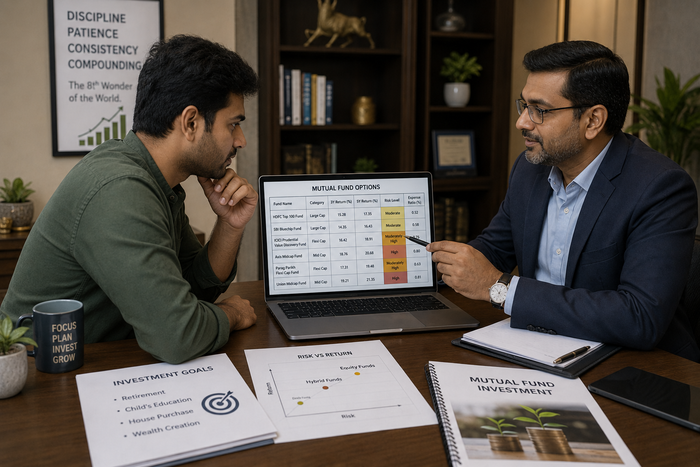 Indian investor reviewing multiple mutual fund options with a financial advisor