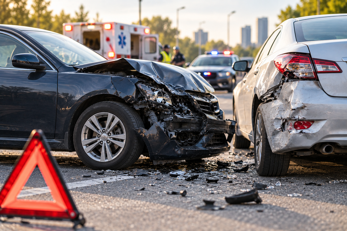 Realistic car accident scene showing a silver sedan with severe front-end damage collided with the rear of a dark SUV on an urban road, with scattered debris and an emergency vehicle in the background.