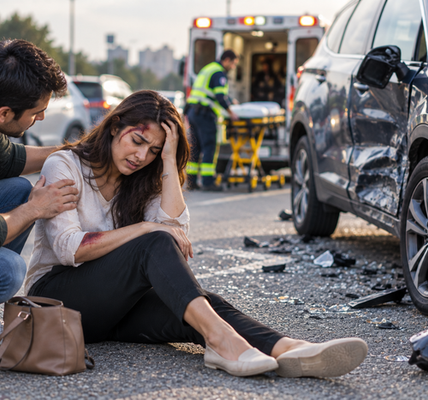 Injured person receiving first aid from a paramedic at the scene of a car accident, with a damaged vehicle, emergency responders, ambulance, stretcher, and medical equipment visible in the background.