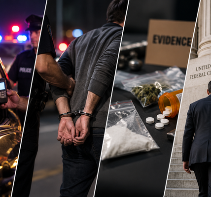 Four-part legal scene depicting a DWI traffic stop, an arrest, drug-related evidence, and a federal courthouse, representing serious criminal defense matters.