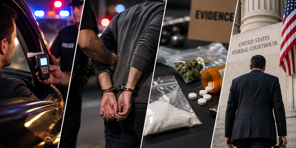 Four-part legal scene depicting a DWI traffic stop, an arrest, drug-related evidence, and a federal courthouse, representing serious criminal defense matters.