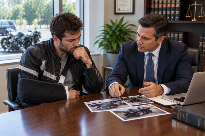Realistic legal consultation after a motorcycle crash, showing an injured rider meeting with an attorney and reviewing accident photographs at a law office.
