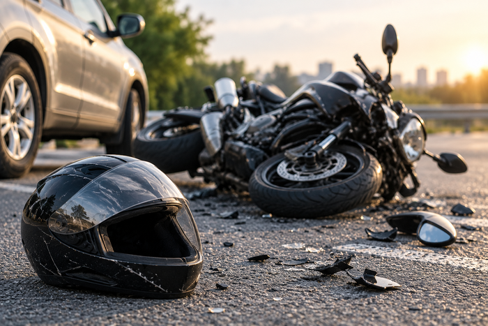 Motorcycle accident scene with a damaged motorcycle and helmet on the road, symbolizing potential recovery for medical expenses, lost wages, pain and suffering, property damage, emotional distress, and future care needs.