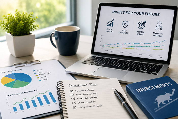 Financial planning scene showing an Indian couple consulting a financial advisor, reviewing investment charts and a financial plan, with supporting visuals of budgeting, savings, insurance, retirement goals, and long-term investments