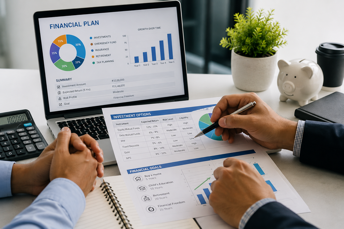 Financial planning scene showing an Indian couple consulting a financial advisor, reviewing investment charts and a financial plan, with supporting visuals of budgeting, savings, insurance, retirement goals, and long-term investments