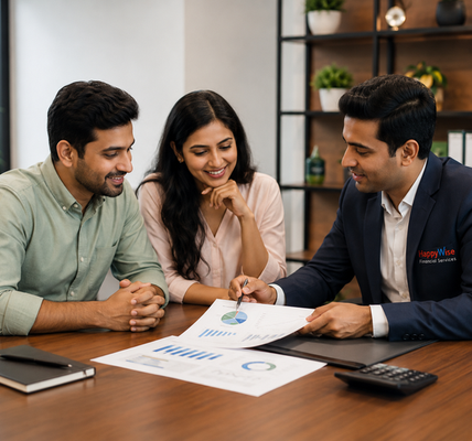 Indian couple meeting with a HappyWise Financial Services advisor in a modern office, reviewing financial charts and documents together while the advisor explains their financial plan