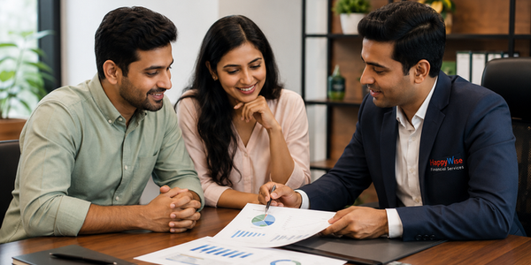Indian couple meeting with a HappyWise Financial Services advisor in a modern office, reviewing financial charts and documents together while the advisor explains their financial plan