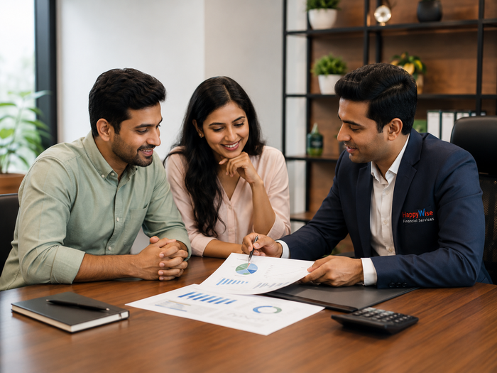 Indian couple meeting with a HappyWise Financial Services advisor in a modern office, reviewing financial charts and documents together while the advisor explains their financial plan