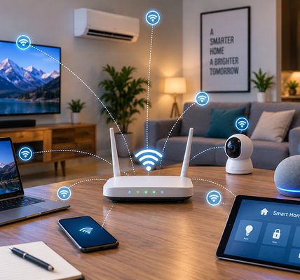 Modern smart home with a wireless router connecting multiple internet-enabled devices, including a laptop, smartphone, smart speaker, security camera, television, air conditioner, refrigerator, and tablet.