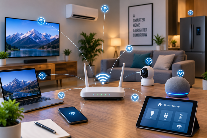 Modern smart home with a wireless router connecting multiple internet-enabled devices, including a laptop, smartphone, smart speaker, security camera, television, air conditioner, refrigerator, and tablet.